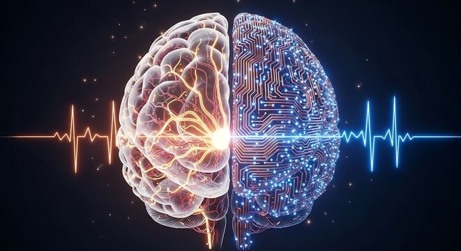 Digital human brain with circuit board and brainwaves for artificial intelligence - Powered by Adobe