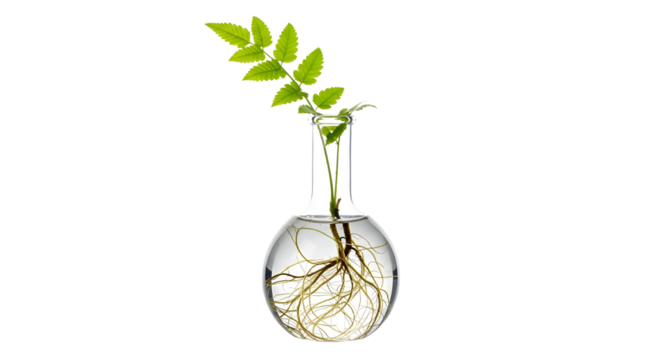 Hydroponic Green Plant Seedling with Visible Roots in Spherical Glass Flask Isolated