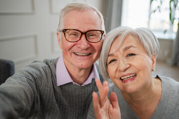 Happy senior woman man talk on video call with friends family. Mature old grandmother grandfather talking speaking with grown up children online. Older generation modern tech usage. Webcamera view
