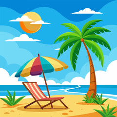 Tropical beach scene with palm tree and beach chair