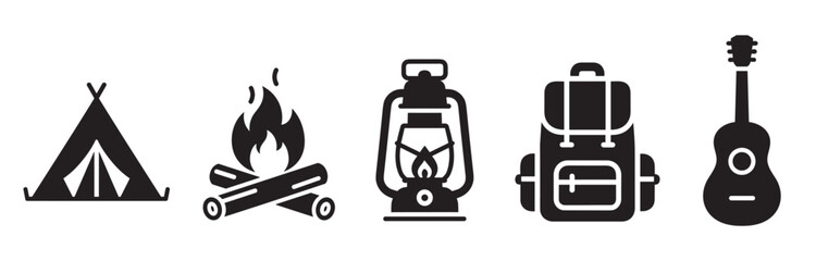 Naklejka premium Black silhouette icons of camping essentials including a triangular tent, campfire, lantern, backpack, and acoustic guitar.