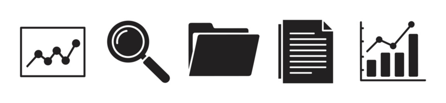 Set of five black silhouette icons illustrating data analysis tools, including a graph, magnifying glass, folder, document, and bar chart.