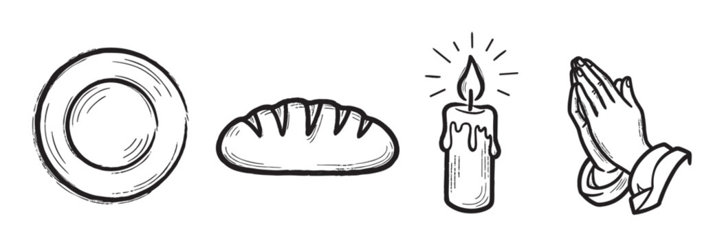 Hand-drawn black and white illustrations of a plate, a loaf of bread, a lit candle, and praying hands.