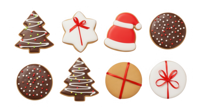 Assortment of delicious christmas cookies in various festive shapes and designs, isolated on transparent background