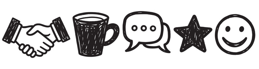 Black and white hand-drawn icons including a handshake, coffee cup, speech bubbles, star, and smiling face.