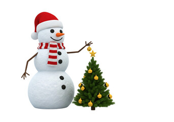 Festive Snowman Decorating Christmas Tree with Star and Gold Ornaments on White Background