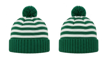 Two green and white striped bobble hats isolated on transparent background