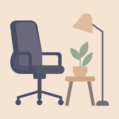 Modern Office Interior with Chair, Lamp and Plant Vector Illustration
