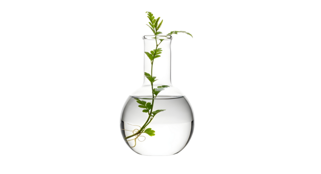 Clear Glass Round Bottom Science Flask with Green Plant Cutting Isolated on White Background