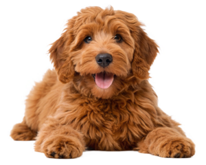 Adorable red Cobberdog aka Labradoodle dog puppy, laying down facing front, tongue out, on a transparent background