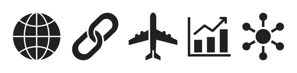 Black icons representing a globe, a chain link, an airplane, a bar chart with an upward trend, and a connected nodes network.