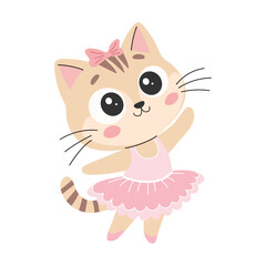 The cute animal is doing ballet. Cute cartoon cat in a pink tutu. Vector illustration.
