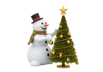 Joyful Snowman Decorating a Festive Christmas Tree with Golden Ornaments on Isolated White Background