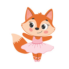 The cute animal is doing ballet. Cute little fox in a ballet tutu. Vector illustration.