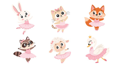 A cute animals is doing ballet. Vector in a cute children's style.