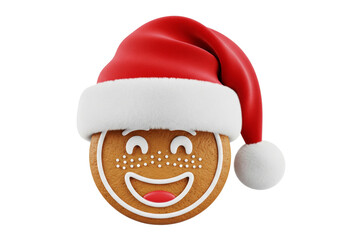 3D Happy Gingerbread Man Character Wearing Santa Hat on White Background