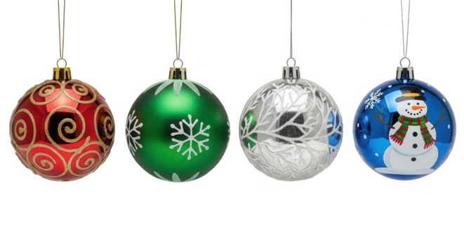 Assortment of four hanging christmas tree ornaments, isolated on transparent background
