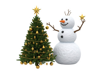 Festive Christmas Tree with Gold Ornaments and Smiling Snowman Isolated on White Background