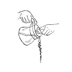 Coffee pot in hands. Teapot with tea. Doodles. Hand drawn vector illustration