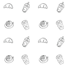 Coffee and croissant pattern.  Doodle-style drawing, lines. Hand drawn vector illustration.