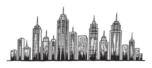 Naklejka premium Black and white hand-drawn skyline of a city with tall, varied skyscrapers and spire-topped buildings, showcasing architectural diversity.