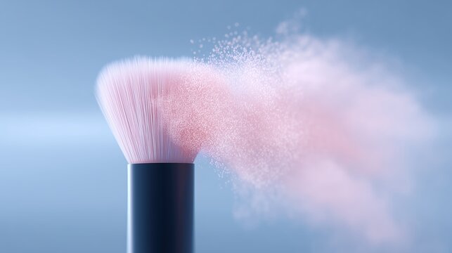 Makeup brush releasing soft pink powder particles against a smooth blue background, showcasing beauty tools and cosmetic application techniques in a visually appealing manner