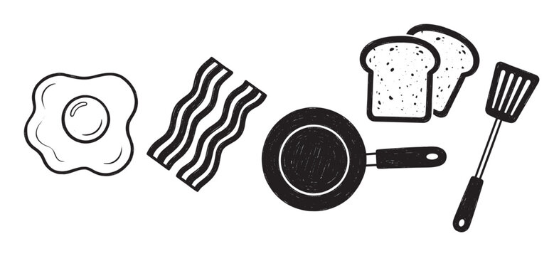 Hand-drawn breakfast-themed elements including a fried egg, bacon strips, bread slices, a frying pan, and a spatula.