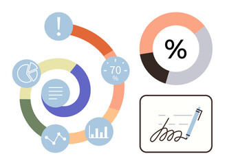 Circular graphs, charts, and a signature concept highlighting analytics, progress, statistics, finance, contract signing, strategy and reporting. Ideal for business management planning
