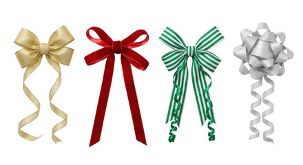 Selection of four decorative bows in gold, red, green, and silver, isolated on transparent background