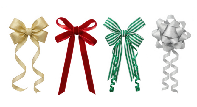 Selection of four decorative bows in gold, red, green, and silver, isolated on transparent background
