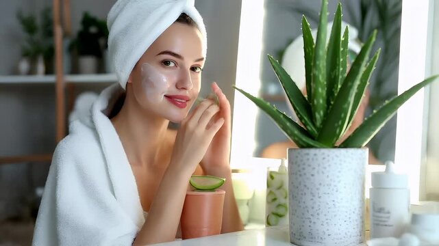 woman applying face mask with aloe vera and lime slices in bathroom settingaloe veras in a white pot with a blue speckled patterned pot and a white towel wrapped around her head.