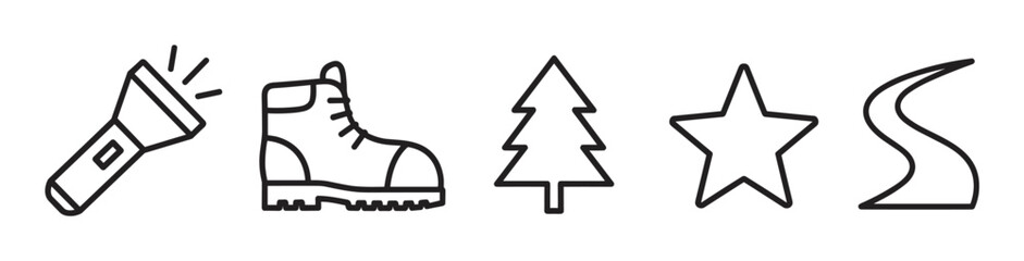 Fototapeta premium Black outline vector icons of a flashlight, hiking boot, pine tree, star, and winding road for adventure and outdoor activities.