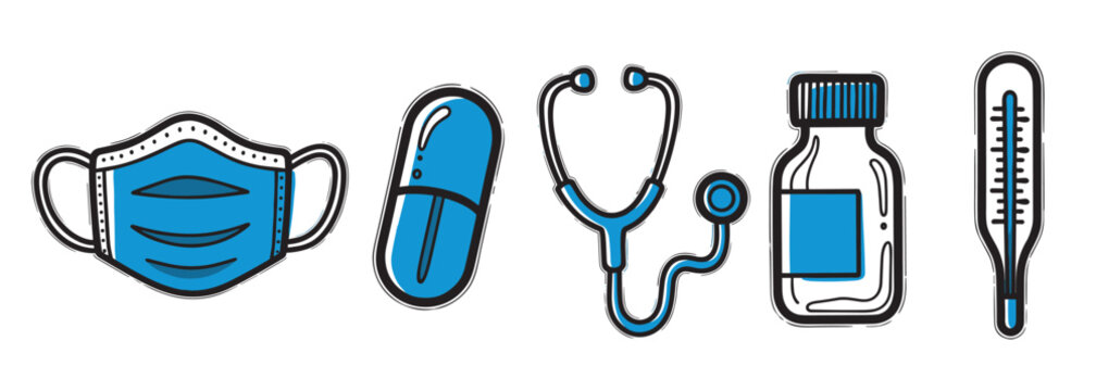 Set of medical items including a face mask, pill, stethoscope, medicine bottle, and thermometer in blue and black outlines.