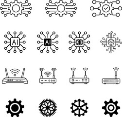 Obraz premium Technology AI icons set - robot, chip, robotic arm, artificial intelligence, wifi, router, gear, monitor, smartfone vector