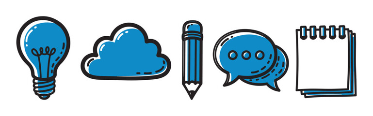 Set of five hand-drawn blue icons including a light bulb, cloud, pencil, speech bubbles, and notepad, representing creativity and communication concepts.