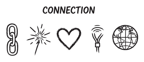 Black outline icons representing connection concepts, including a chain link, spark, heart, network signal, and globe, emphasizing unity and communication.
