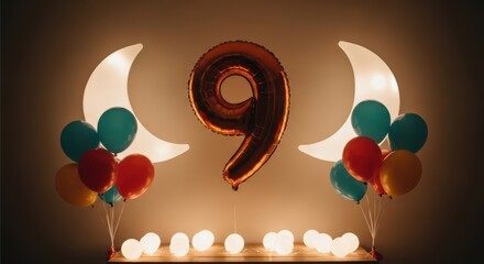 Number 9 birthday balloons and moon lights