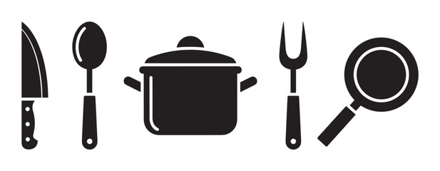 Black silhouette icons of a knife, spoon, covered pot, fork, and frying pan, representing essential kitchen utensils.