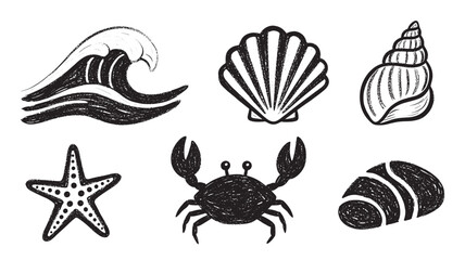 Black and white hand-drawn illustrations of ocean wave, scallop shell, spiral shell, starfish, crab, and seashell, showcasing marine life elements.