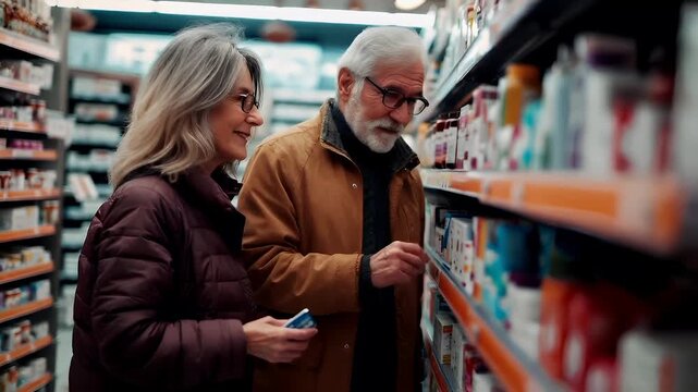 A man and a woman are shopping in a store aisle, with the woman holding a credit card. The man is wearing glasses and a brown jacket, while the woman has blonde hair.
