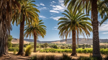 Fototapeta premium Winery Palm Trees. Cinematic View of Barossa Valley Region, Australia through Palm Trees