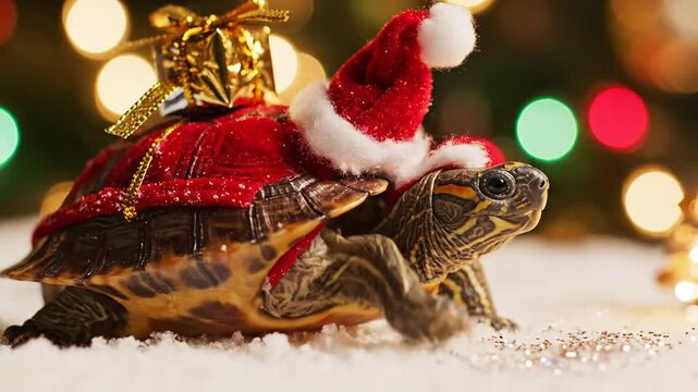 Christmas turtle wearing Santa hat with holiday lights