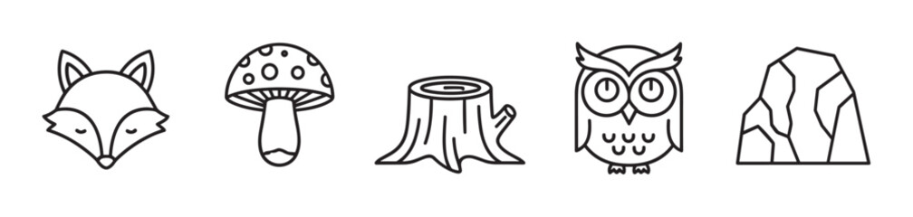 Obraz premium Black outline icons featuring a fox, a mushroom, a tree stump, an owl, and a rock in a minimal linear style.