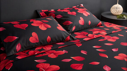 black bed linen with a rose petal print