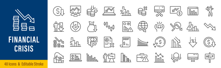 Financial crisis web icon set in line style. Decrease, recession, collapse, layoff, panic, job fired, pay cuts, low cost, collection. Vector illustration.