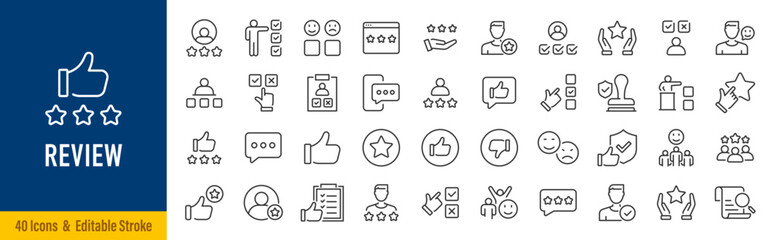 Fototapeta na wymiar Review web icons in line style. Feedback, user, testimonials, comment, like, survey, rating. Editable stroke. Vector illustration.