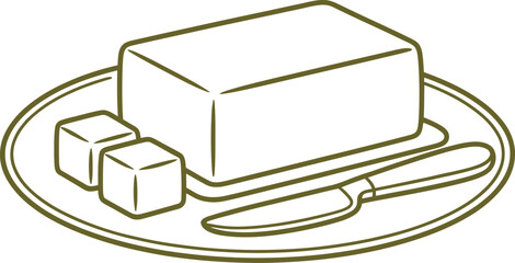 Butter block and cubes with knife on tray and plate in clean monochrome line vector style for food, kitchen, and culinary illustrations.