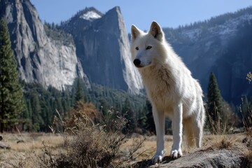 Obraz premium Wolf in Yosemite National Park. Wildlife Portrait of Wild White Wolf in Natural Habitat