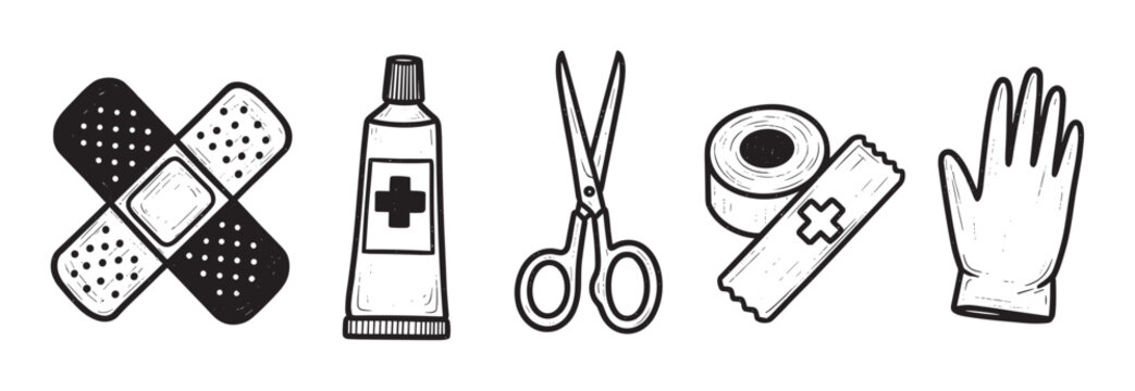 Black and white illustration of first aid items including bandages, ointment tube, scissors, adhesive bandage roll, and medical glove.
