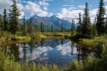 Wrangell Mountains Alaska. Scenic Reflection of Mountains in Forest Pond at St. Elias National Park